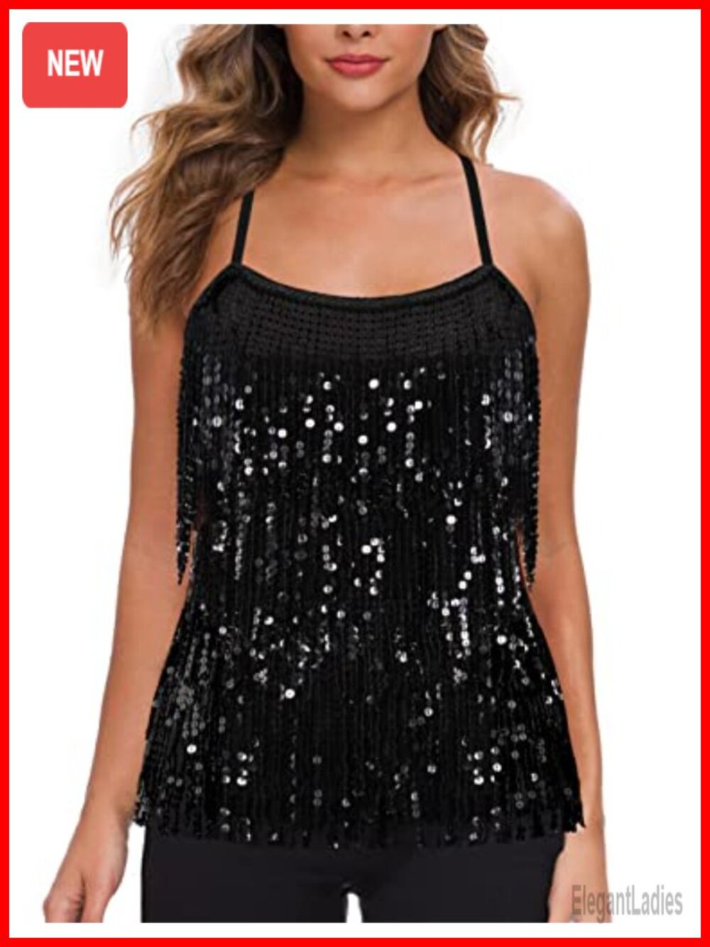 Sequin fringe tank top tassel trim cami party sparkly